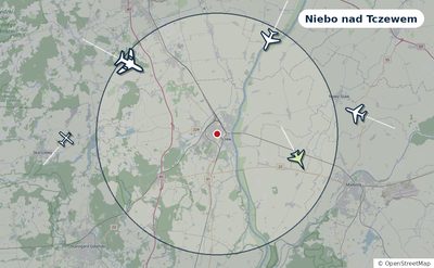 Mapa okolic miasta z sylwetkami samolotów — Niebo nad Tczewem